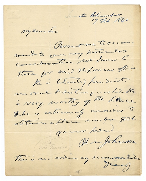 Vice President Richard Mentor Johnson 1840 Signed Handwritten Letter JSA