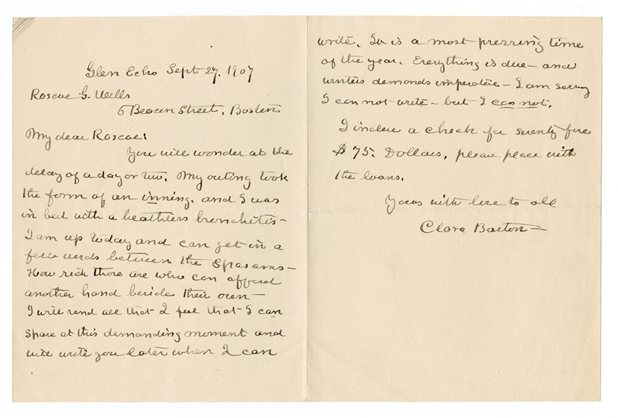 Clara Barton Signed Handwritten Letter (Founder American Red Cross) JSA