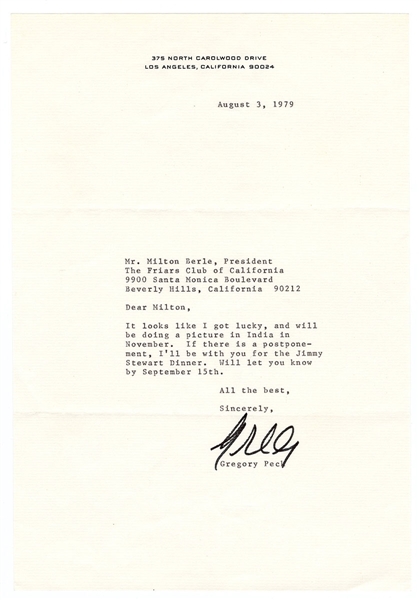 Gregory Peck Signed Letter to Milton Berle (re: Friars Club) JSA