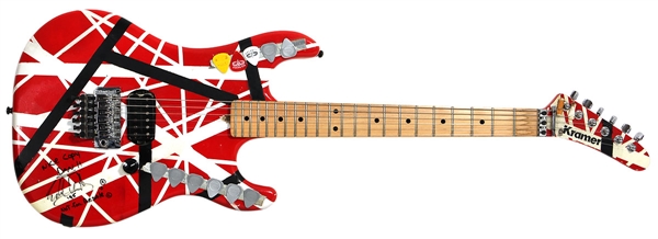 Eddie Van Halen Played and Signed Custom Striped Kramer Frankenstrat Guitar with Eddie’s Cigarette Butts JSA