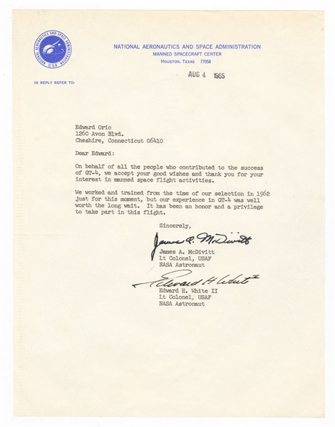 James A. McDivitt and Edward H. White II Signed Letter JSA