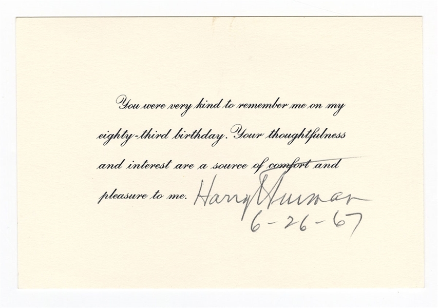 Harry Truman Signed 83rd Birthday Thank You Note JSA