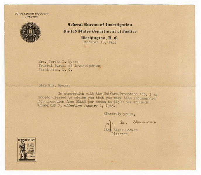 J. Edgar Hoover Signed Letter JSA