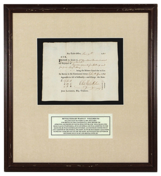 Revolutionary War Pay Voucher Signed by Oliver Wolcott Jr.(1783)