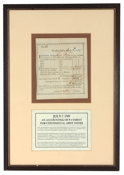 An Accounting of Payment for Continental Army Notes 1789