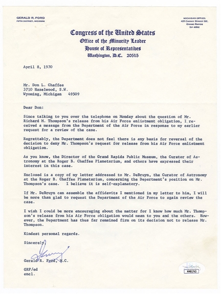 Gerald Ford Signed Typed Letter JSA