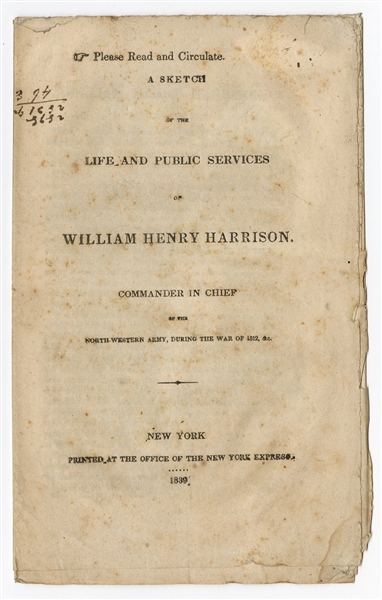 Rare and Original William Henry Harrison “Life and Public Services” Biographical Document