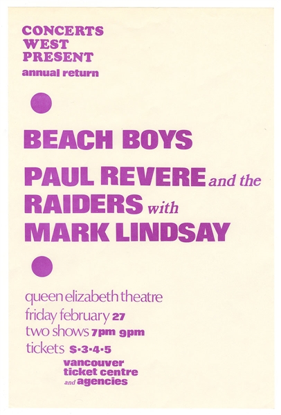 Beach Boys/Paul Revere and The Raiders Original 1970 Concert Flyer Handbill