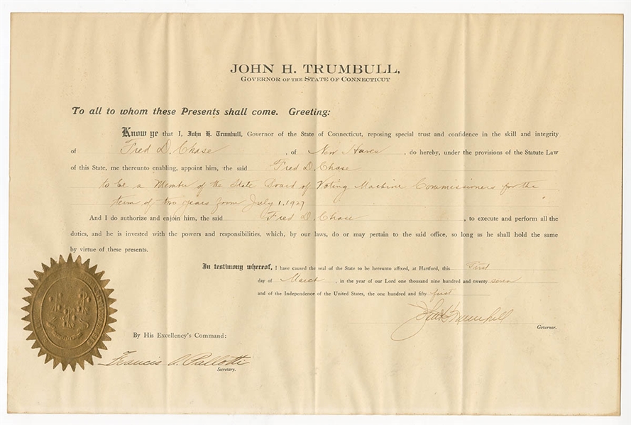 John H. Trumbull Signed 1927 Appointment to Board of Voting Machine Commissioners