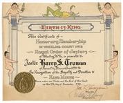 Harry Truman Honorary Membership Certificate Royal Order of Jesters