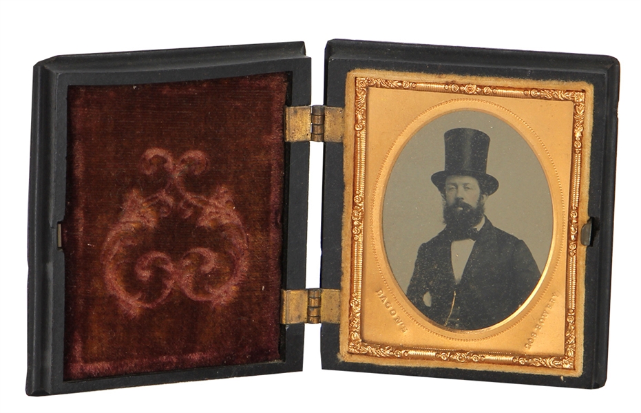 Bearded Man in Lincoln Style Tophat Tintype in Gutta Percha Case