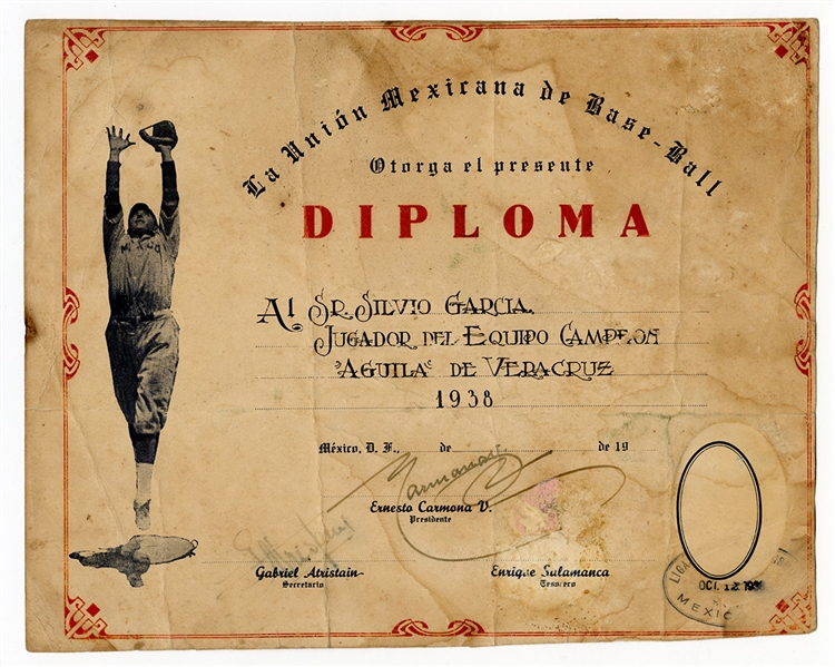 Silvio Garcia 1938 Mexican League Diploma