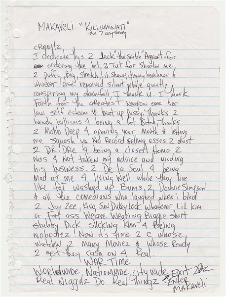 Tupac Shakur Handwritten & Signed Original Controversial "Makaveli" Liner Notes