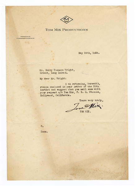 Tom Mix Signed Letter and Original Photograph (c1928) JSA LOA