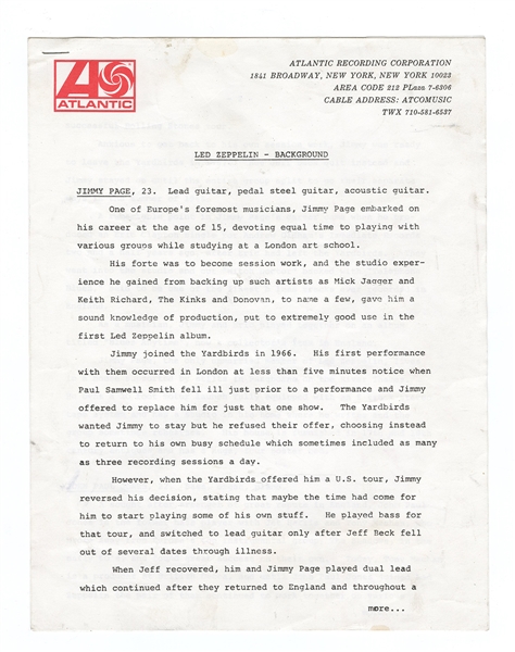 Led Zeppelin Extremely Rare Original 1968 Atlantic Records Press Release