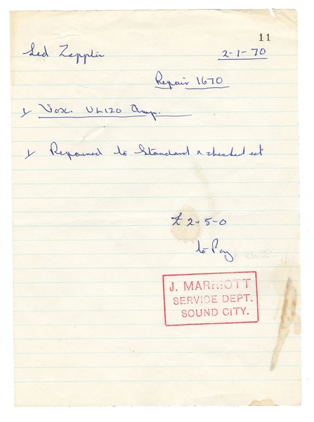 Led Zepplein Original Handwritten Receipt for the Repair of Jimmy Pages Amp