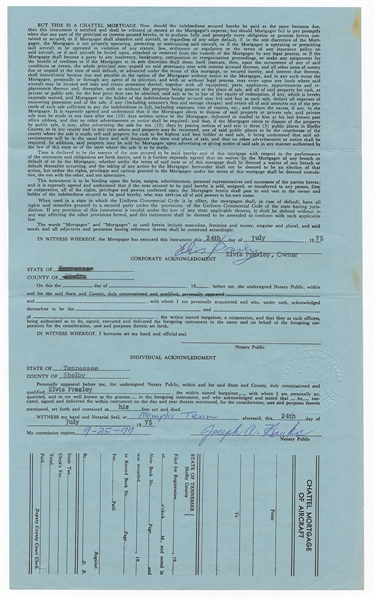Elvis Presley 1975 Signed Mortgage of Aircraft Agreement