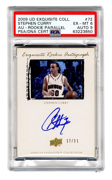 2009 Upper Deck Exquisite Collection #72 Stephen Curry Autograph Rookie Parallel (#17/31) PSA 6 w/ Autograph Grade 9