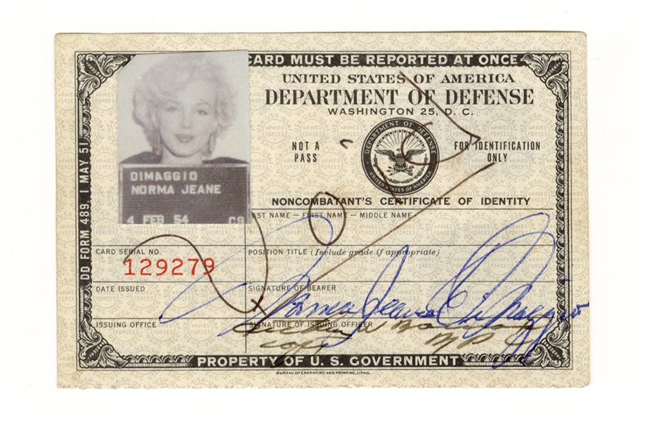 Marilyn Monroe "Norma Jeane DiMaggio" Signed 1954 Korea ID for Entertaining the Troops