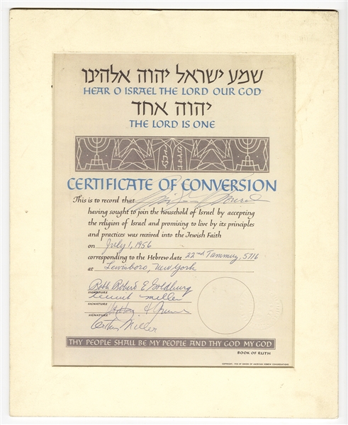 Marilyn Monroe Reproduction Certificate of Conversion to Judaism