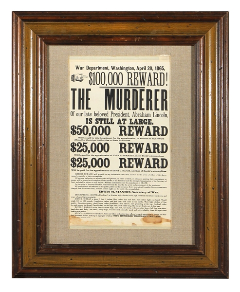 Lincoln Assassin John Wilkes Booth U.S. War Department $100,000 Reward Broadside