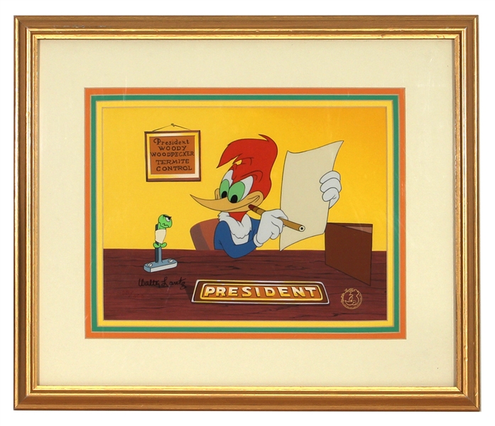 Original Walter Lantz Signed Woody Woodpecker Cel with Hand Painted Background