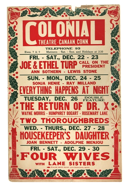 1939 Movie Theatre Holiday Broadside Featuring Humphrey Bogart “The Return of Dr. X.”