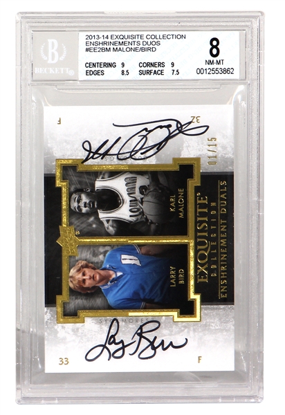 2013-14 Exquisite Collection Larry Bird and Karl Malone Enshrinements Duos Autograph 1/15 BGS 8 with Subgrades