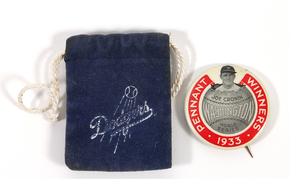 Washington Senators 1933 Joe Cronin "Pennant Winners" World Series Pin and Brooklyn Dodgers Bag