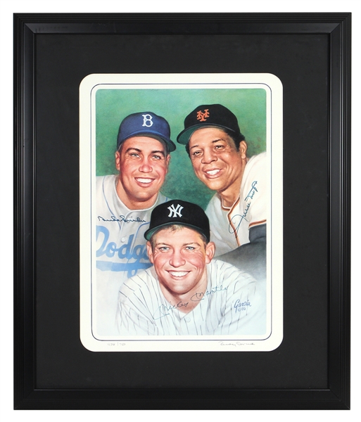 Original Mickey Mantle, Willie Mays, and Duke Snider Signed Lithograph by Rudy Garcia JSA