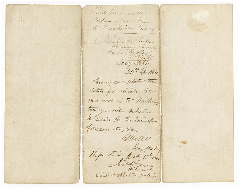 1864 Gideon Wells Signed Civil War and Travel Receipt