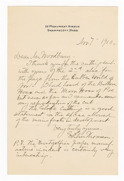 Elihu Thomson Handwritten Signed Letter 1910 (Famous Inventor)