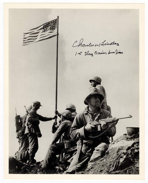 Charles W. Lindbergh Signed Iwo Jima Flag Raising Photograph