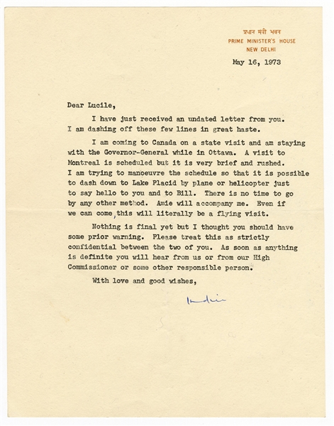 Indira Gandhi Signed Letter