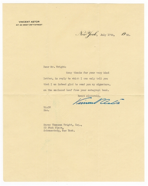 Vincent Astor Signed Letter