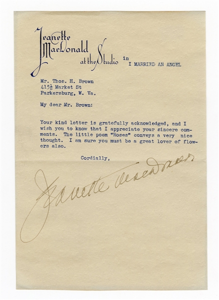 Jeanette MacDonald Signed Letter