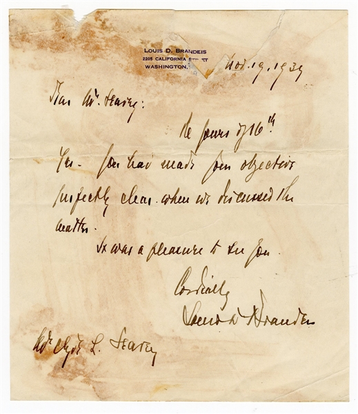 Louis Brandeis Handwritten Signed Letter (1939)