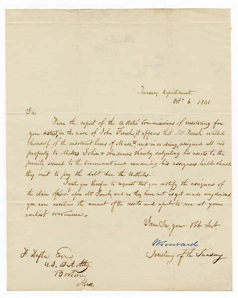 Walter Forward Handwritten Signed Letter (Secretary of Treasury) 1841