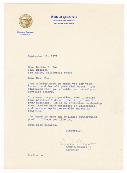 Ronald Reagan Signed Letter as Governor of California