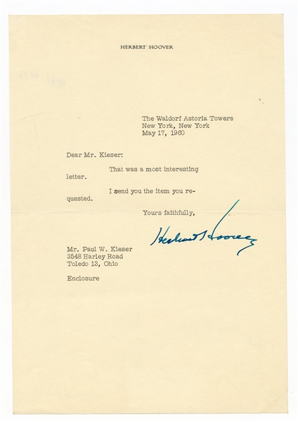 Herbert Hoover Signed Photograph with "King Tut" and Signed Letter