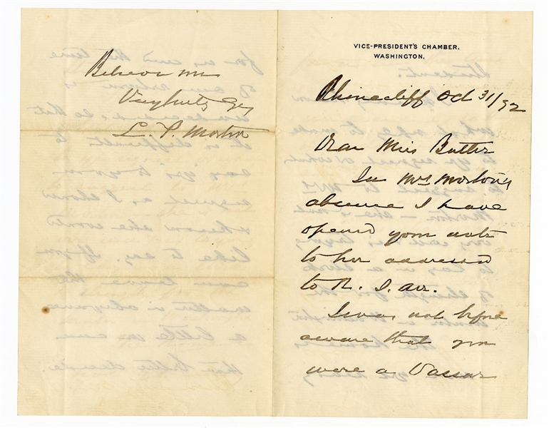 Levi P. Morton Handwritten Signed Letter on Vice President Stationary 1892
