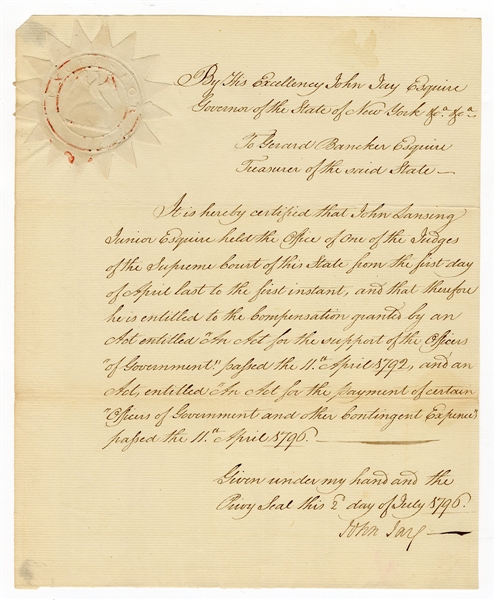 John Jay Signed Document Founding Father as Governor of New York (1796)
