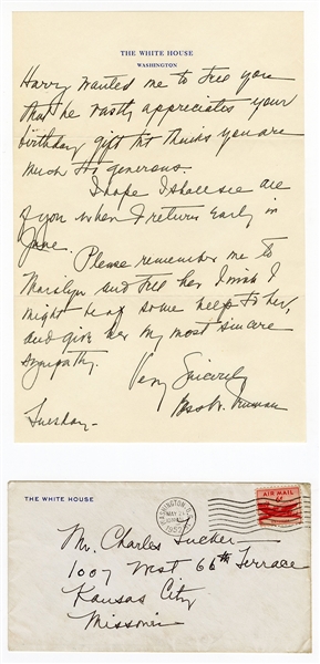 First Lady Bess Truman Handwritten Signed White House Letter