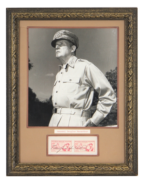 General Douglas MacArthur Vintage Signed Postage Stamp Display JSA