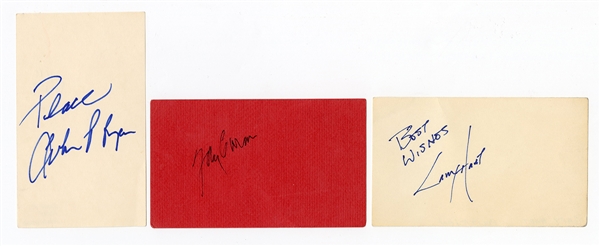 Lot of 3 Index Cards with Signatures from Johnny Carson, John P. Ryan, and Gary Hart