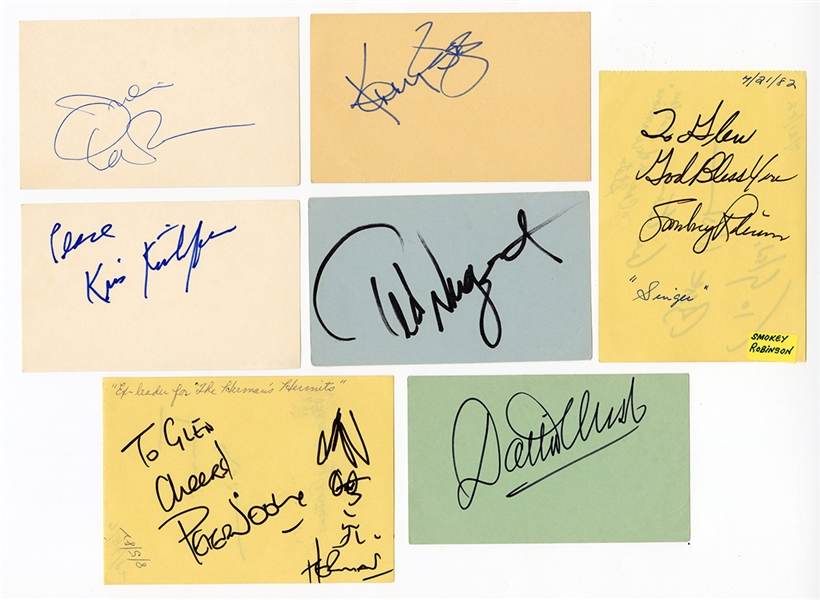 Lot of 7 Index Cards with Signatures from Ted Nugent, Smokey Robinson, Kenny Rogers, Dottie West, Kris Kristofferson, Peter Noone, and Julius LaRossa