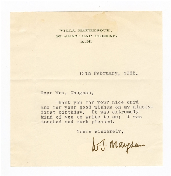 W. Somerset Maugham Signed "W. J. Maugham" Letter (1965) JSA