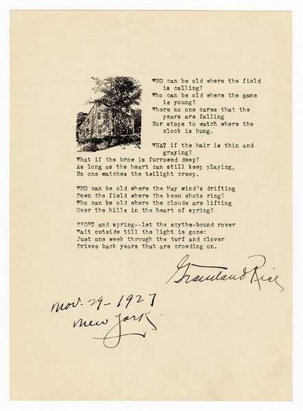 Grantland Rice Signed Poem (1927) JSA