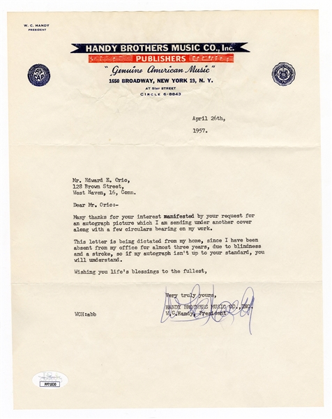 W. C. Handy Signed Letter (Handy Brothers Music Co Letterhead 1957) JSA