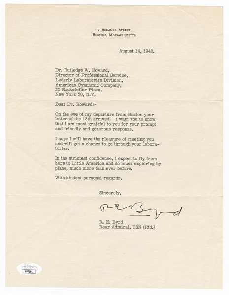 Admiral Richard Byrd Signed Letter JSA